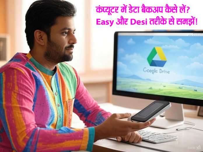 कंप्यूटर स्क्रीन पर Google Drive और एक व्यक्ति एक्सटर्नल हार्ड ड्राइव कनेक्ट करते हुए।